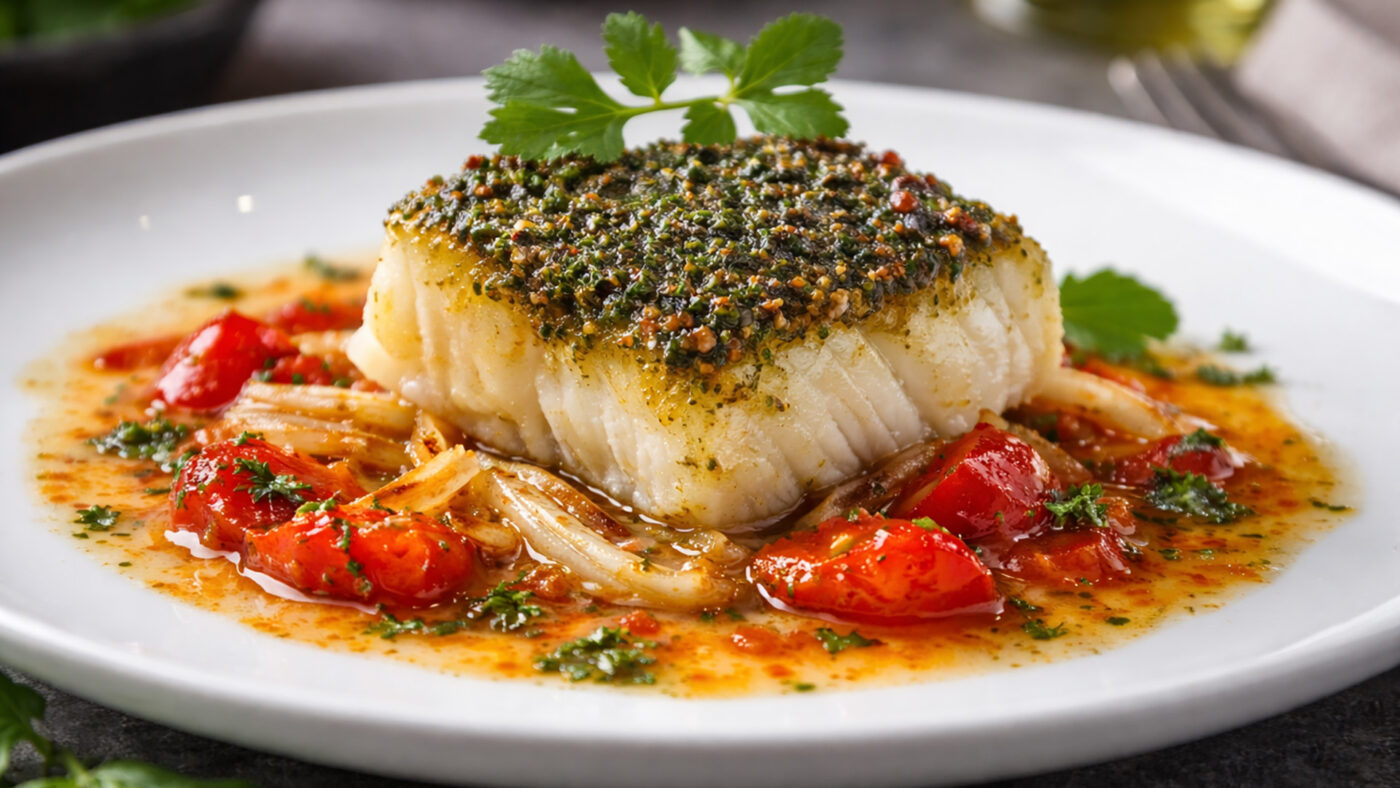 Ovnsbakt klippfisk med pesto, tomater og fennikel servert på tallerken