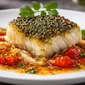 Ovnsbakt klippfisk med pesto, tomater og fennikel servert på tallerken